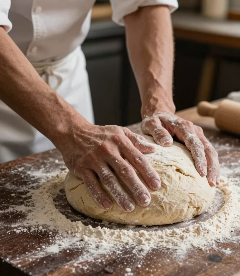 Detailed photography of a baker's hands dusted with flour, shaping a large loaf of rustic dough on a dark chocolate brown wooden surface in a workshop in France, warm lighting.