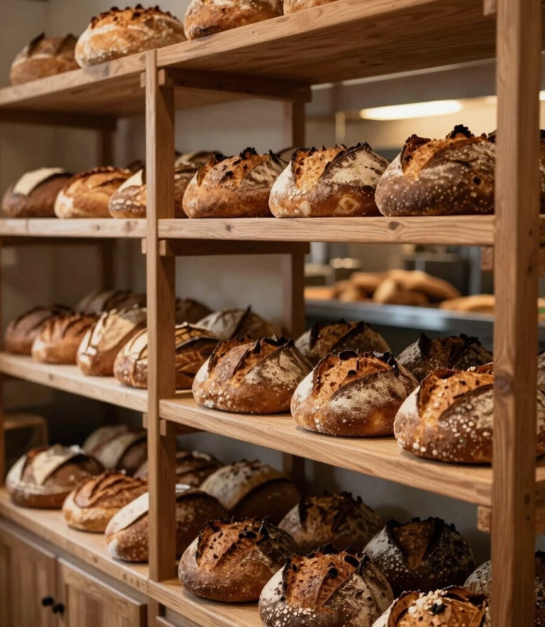 A warm and atmospheric photography of the BOULANGERIE FICHE interior in France, showing wooden shelves stocked with various artisan breads and a glimpse of the baking area in the background with a soft golden glow.