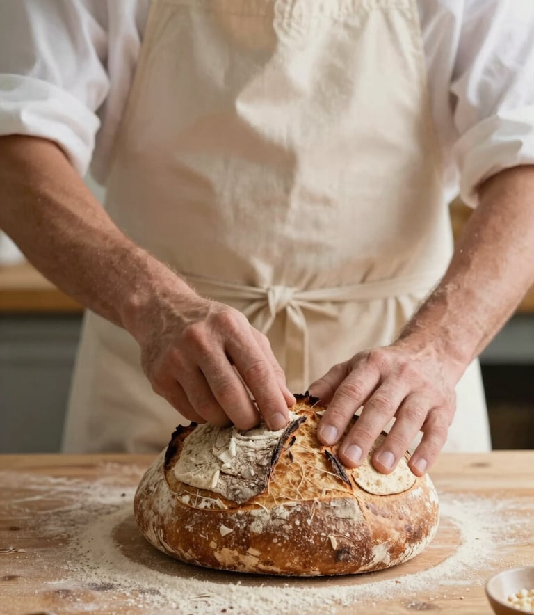A close-up photograph of an artisan baker in France, wearing a traditional apron, carefully scoring the top of a loaf of sourdough bread on a wooden workbench. The lighting is warm and natural, with soft shadows and a light cream and tan color palette.