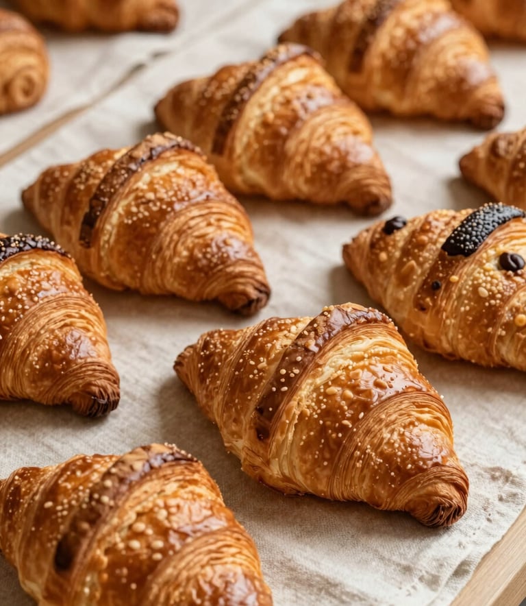 A close-up photograph of golden, flaky croissants and pains au chocolat arranged on a pale cream linen cloth, soft morning light in a French bakery setting, warm brown tones.