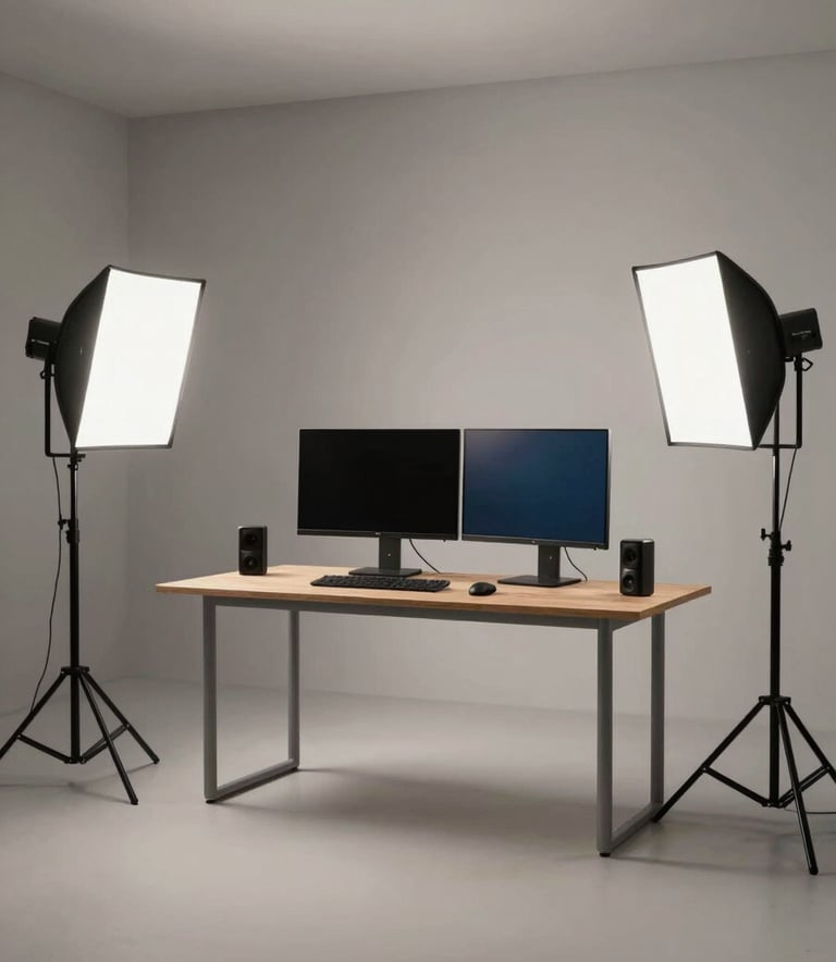 A wide-angle photography shot of a sleek, professional home studio in a North American setting. High-end equipment, including dual monitors and studio lighting, is arranged in a minimalist and inspiring layout with Soft Gray tones.