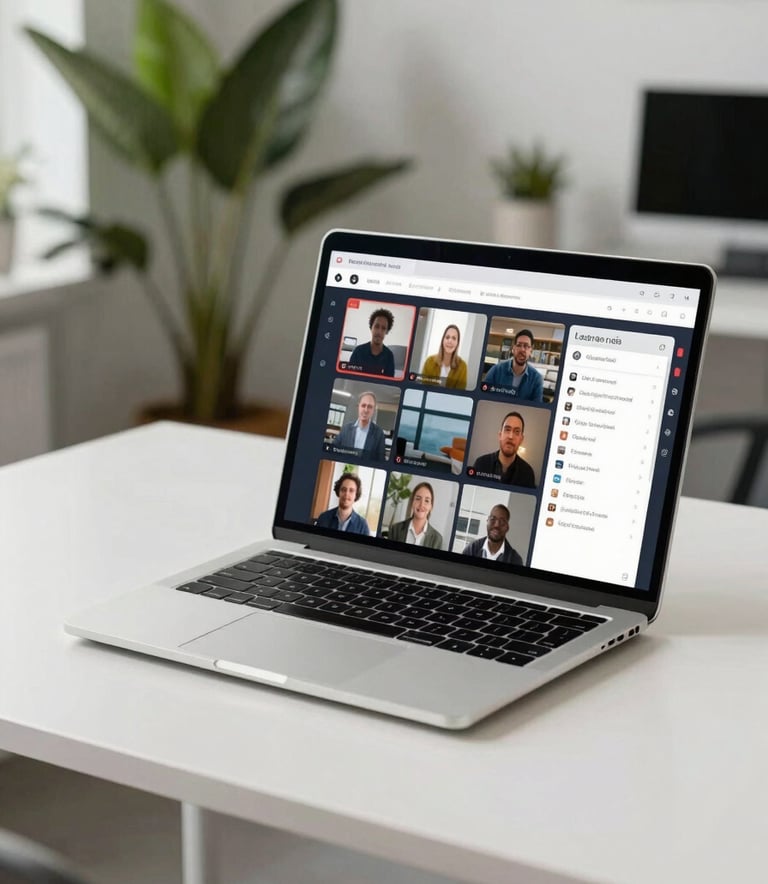 A sleek silver laptop on a minimalist white desk showing a sophisticated e-learning dashboard with video modules, in a bright North American office space, sage green plants in the background.