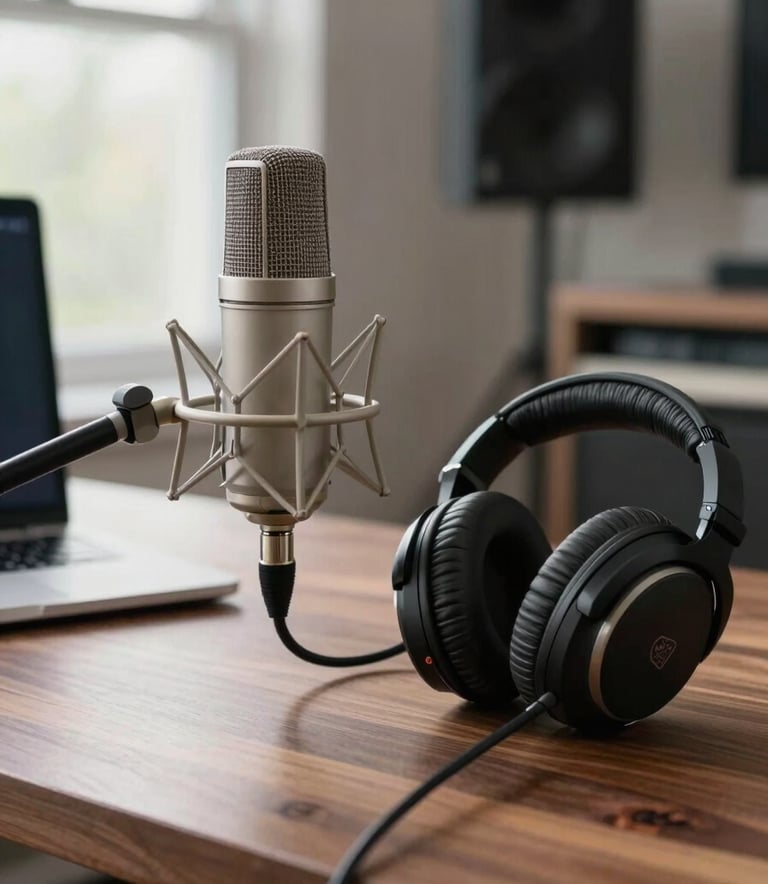 A close-up of a high-end condenser microphone and premium headphones on a sleek walnut desk in a modern North American home studio, soft morning light, professional setup.