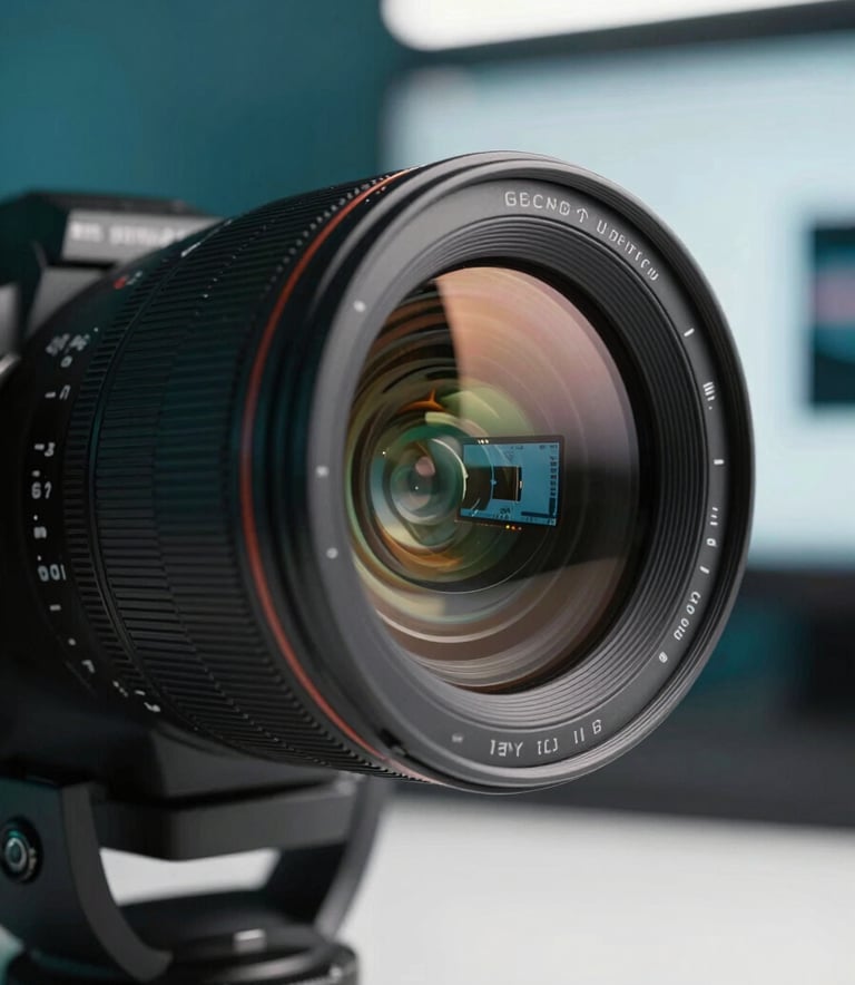 A close-up photograph of a professional camera lens reflecting a modern digital studio setup in a North American office. The lighting is sophisticated and moody, featuring accents of Deep Teal and Crisp White, emphasizing high-end production quality and innovation.
