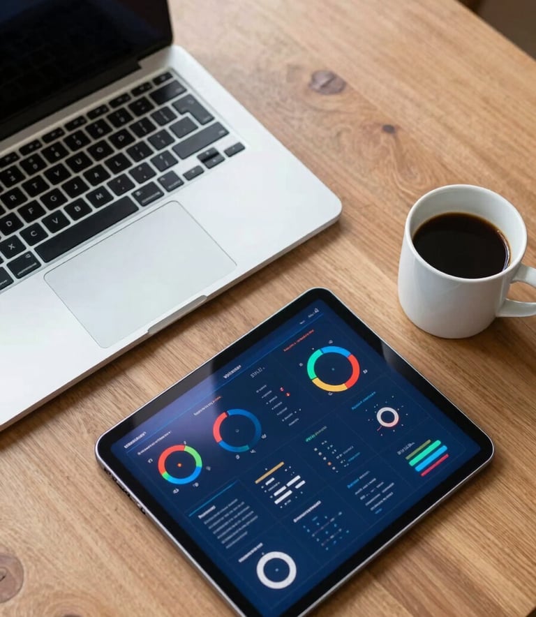 A top-down view of a clean, organized wooden desk featuring a modern laptop, a sleek tablet showing colorful marketing analytics charts, and a cup of black coffee in a white ceramic mug. The lighting is bright and natural, reflecting a professional workspace in royal blue and ice white tones.