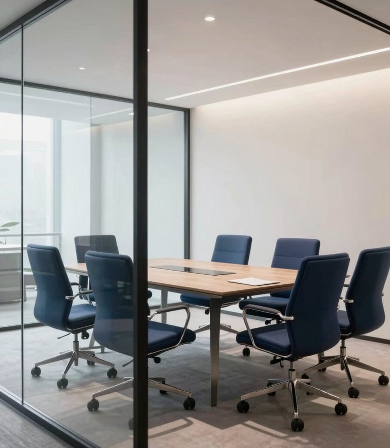 A high-end, bright office meeting room with glass walls, navy blue designer chairs, and soft white walls, representing professional success.
