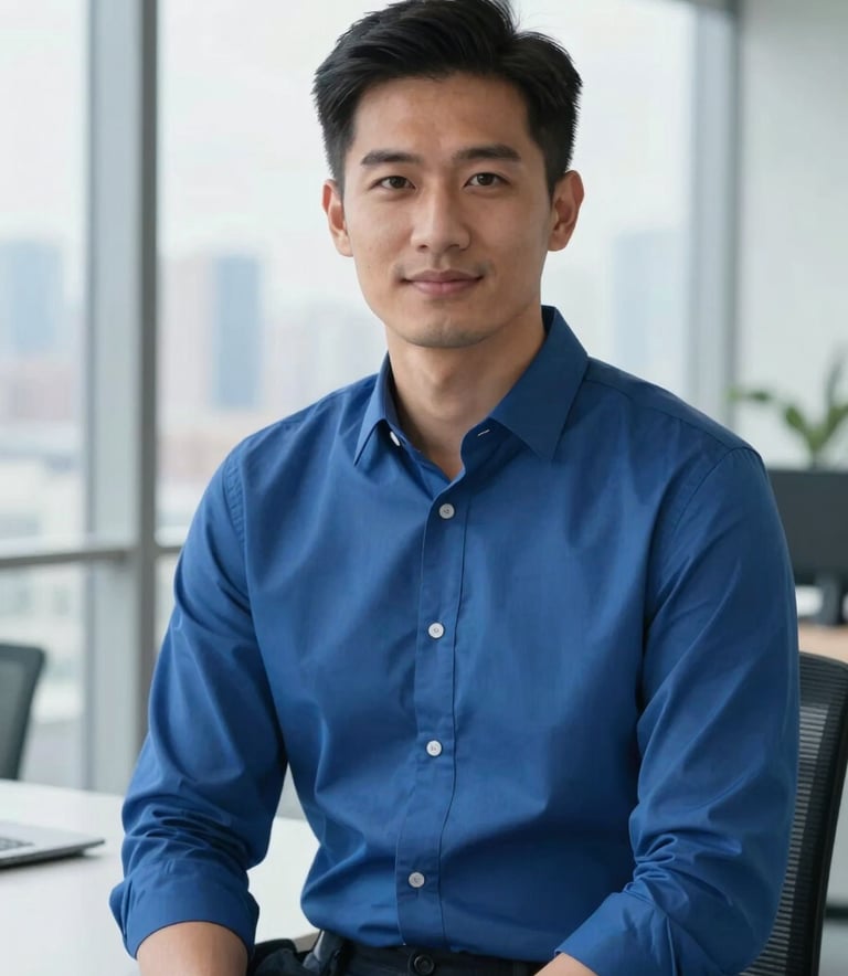 A professional portrait of a digital marketing specialist, a man in his 30s with a confident expression, wearing a crisp royal blue shirt. He is sitting in a bright, modern office with large windows showing a soft-focus city skyline. Clean and professional aesthetic.