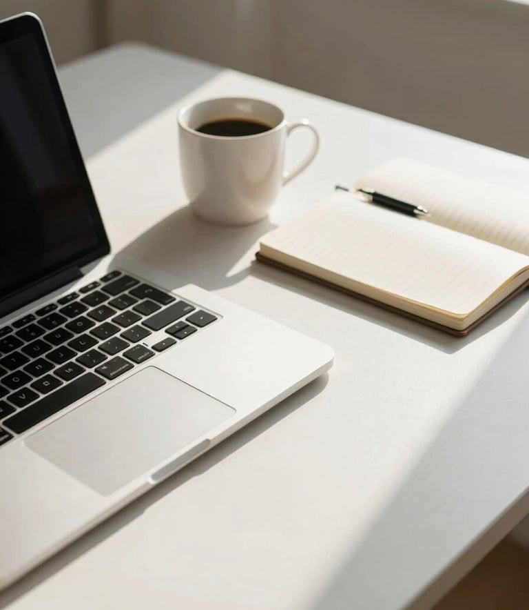 A minimalist workspace featuring a sleek laptop, a notebook, and a coffee cup on a soft white desk, illuminated by natural sunlight.