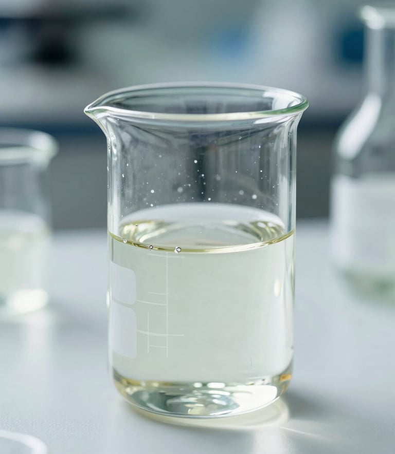 A close-up shot of a pharmaceutical-grade glass beaker containing a pure botanical extract. The lighting is bright and clinical, emphasizing purity and transparency. Sophisticated laboratory setting with subtle tech elements in the background, using a color palette of #3C6B6D and #F0F5F2.