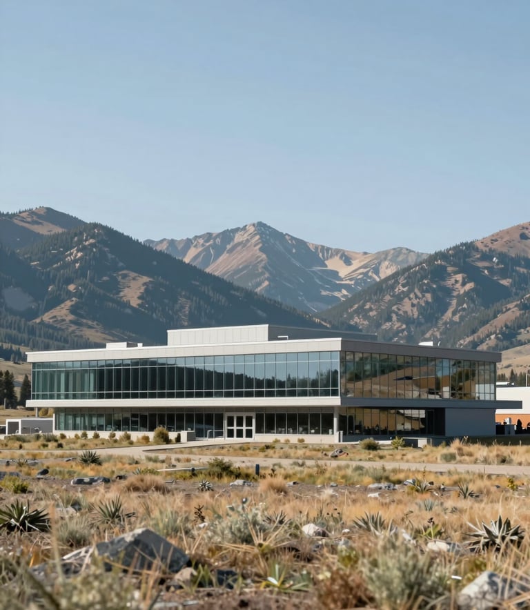 A wide-angle, clean-cut view of a modern research facility nestled in a pristine Wyoming mountain landscape. The architecture is glass and steel, reflecting the blue sky and natural surroundings. Incorporates the brand mood of merging nature and tech, with #1C2A2D and #F0F5F2 tones.