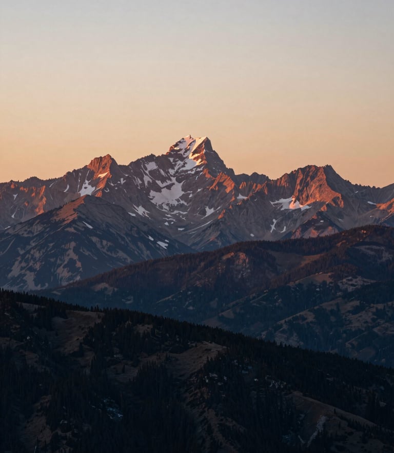 A breathtaking landscape of the pristine Wyoming mountains at sunset. Professional photography, capturing the raw natural heritage of the headquarters. Tones of #F0F5F2 and deep #1C2A2D shadows.
