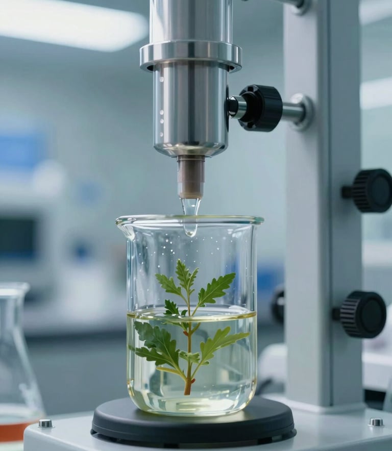 A close-up, high-definition photo of a scientific lab extraction process with modern glass equipment and botanical liquids. Sophisticated lighting, clean professional aesthetic, incorporating #1C2A2D and #9FBDBA tones.