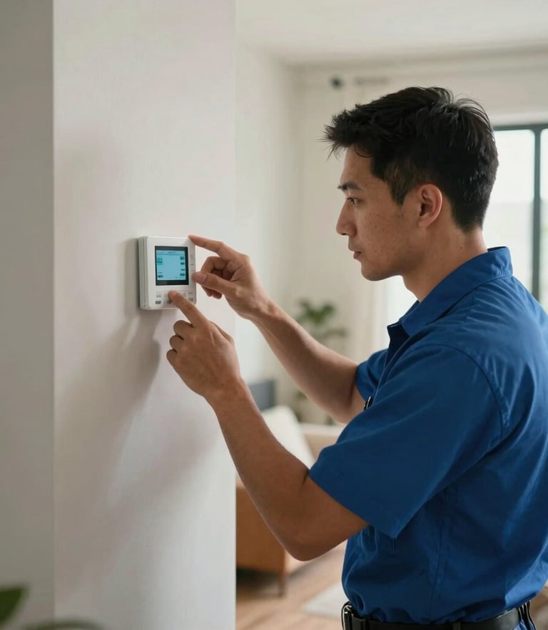 A professional HVAC technician in a clean uniform inspecting a wall-mounted smart thermostat in a modern North American / US / Miami home interior, soft natural light, tech-focused mood.