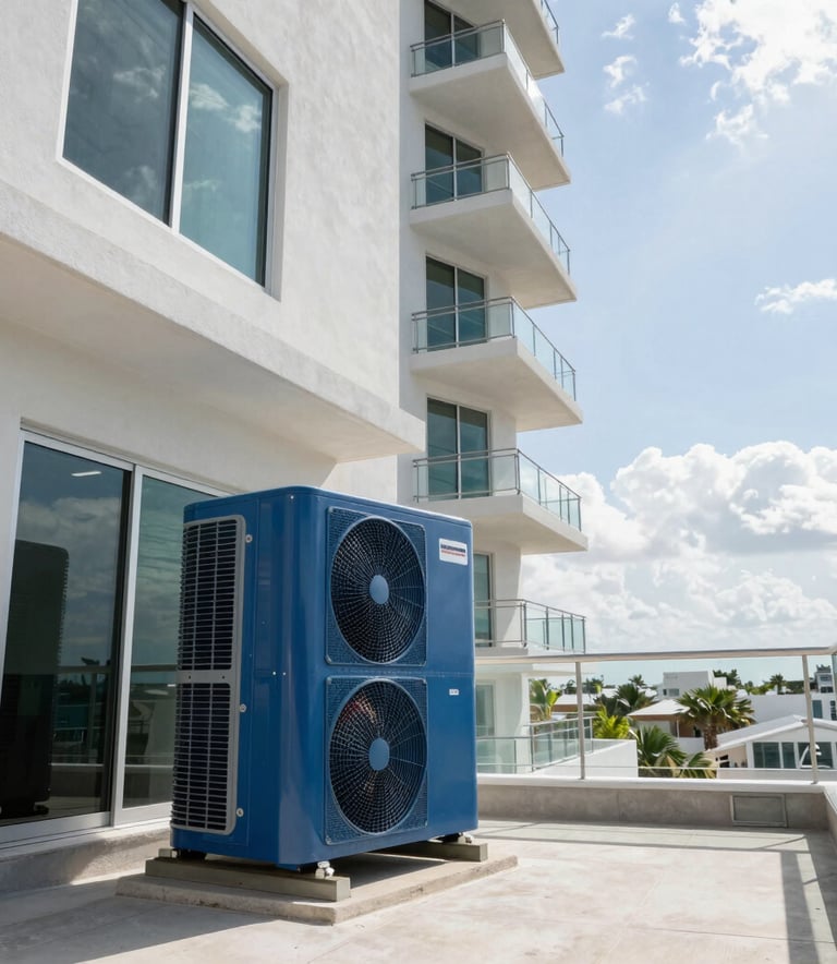 A wide shot of a modern residential building in Miami under a clear sky, featuring a newly installed medium blue HVAC unit on the terrace, professional photography, natural bright daylight.