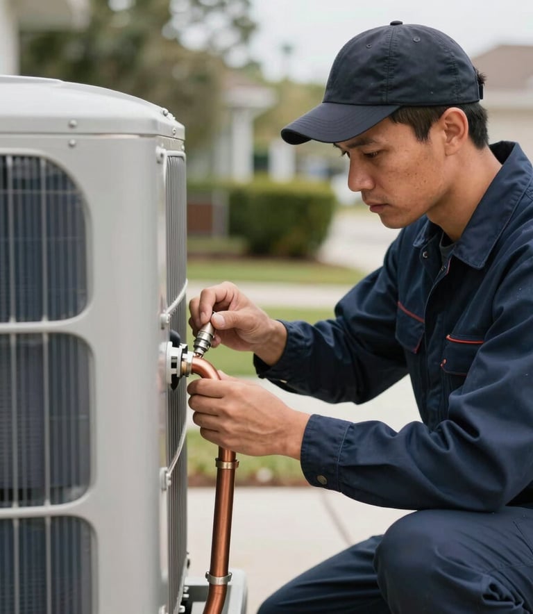 A professional HVAC technician wearing a dark navy blue uniform carefully examining the copper pipes of a silver outdoor condenser unit, Miami suburban setting, sharp focus, clean and professional aesthetic.