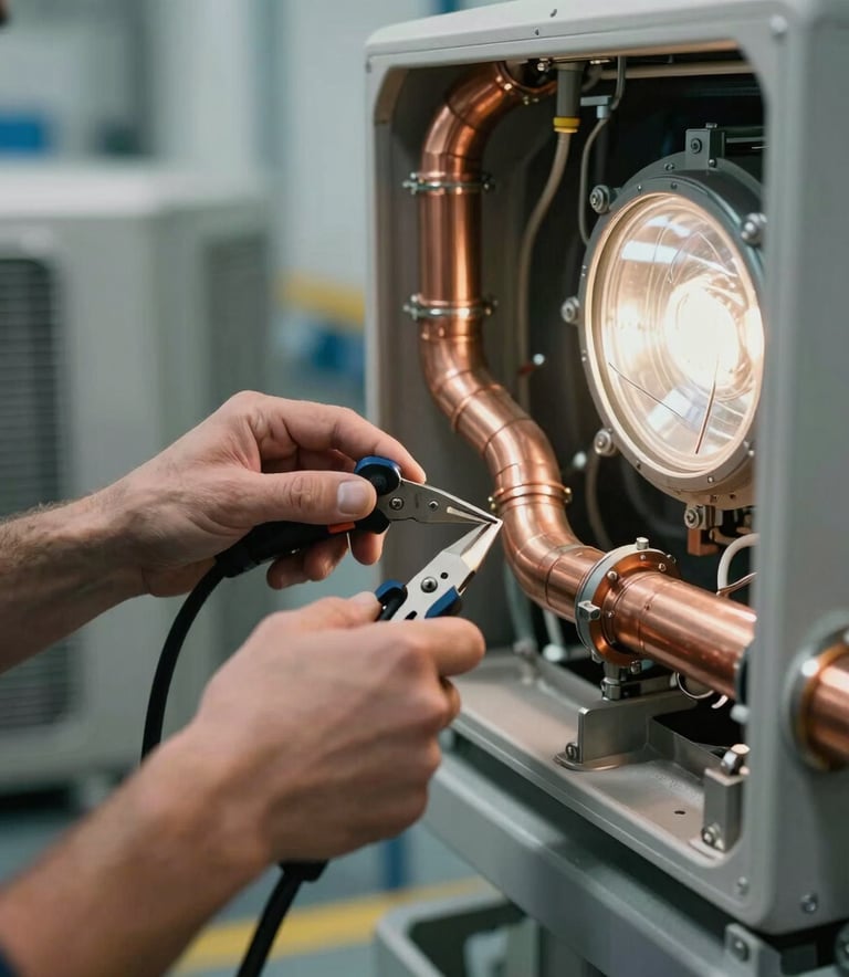 A close-up of a professional technician's hands using technical tools to repair a complex copper duct system of an HVAC unit, industrial lighting, clean and professional North American / US / Miami setting, soft blue and silver palette.
