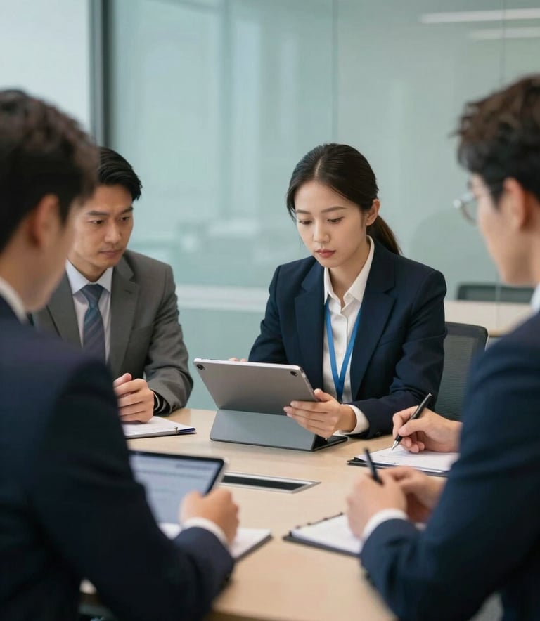 A professional team in a North American / US corporate meeting room, focused on a digital tablet, with a Muted Teal and Dark Navy professional atmosphere, clean lighting.