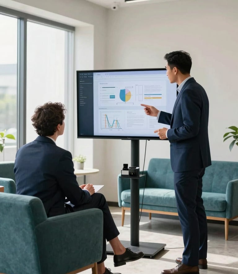 Two professionals in a bright, modern North American / US co-working space, discussing a project on a screen. The setting is innovative and sleek, featuring Dark Navy and Soft Teal furniture. High-end professional atmosphere with natural lighting.