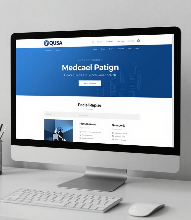 A clean, minimalist desk in a North American / US office with a large monitor showing a professional website layout, featuring a Pale Blue and Steel Blue color scheme.