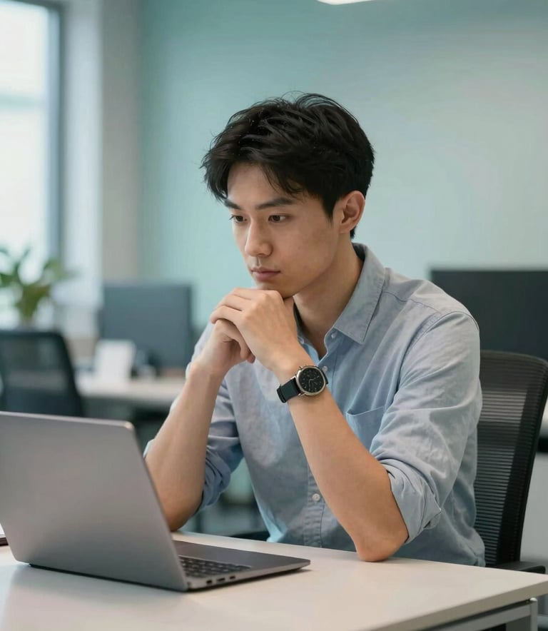 A professional in a modern North American / US office environment, sitting at a clean desk with a laptop, looking thoughtful and focused. Soft Teal and Ice Blue accents in the background decor. Modern and approachable photography style.