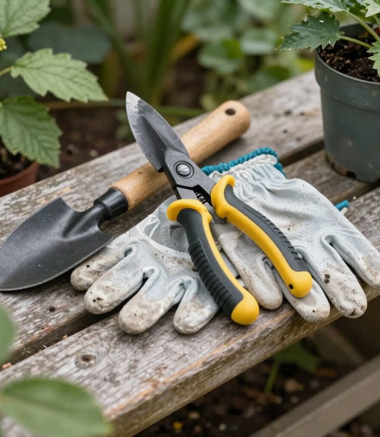 Close-up of gardening tools and gloves on a wooden bench surrounded by fresh plants, Europeu / Britânico