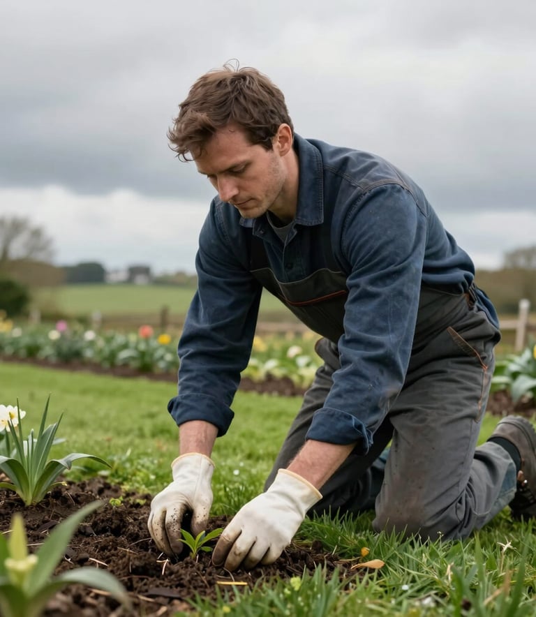 A professional gardener tending to a neat lawn in a cloudy countryside setting, Europeu / Britânico