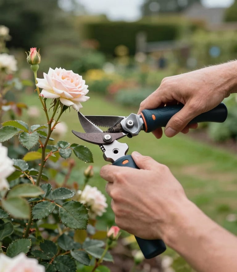 Close-up of a gardener's hands pruning a rose bush in a lush English garden, natural soft daylight, Europeu / Britânico style setting.
