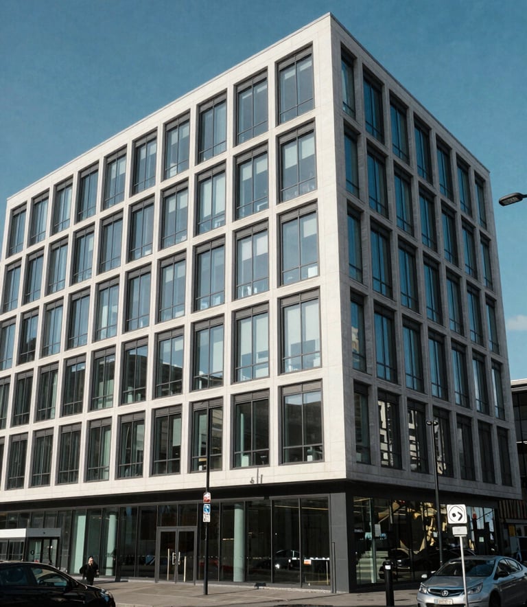 The exterior of a modern, professional business centre in Cardiff, Wales, with clean architectural lines, glass frontage, and a clear blue sky, capturing a sense of stability and growth.
