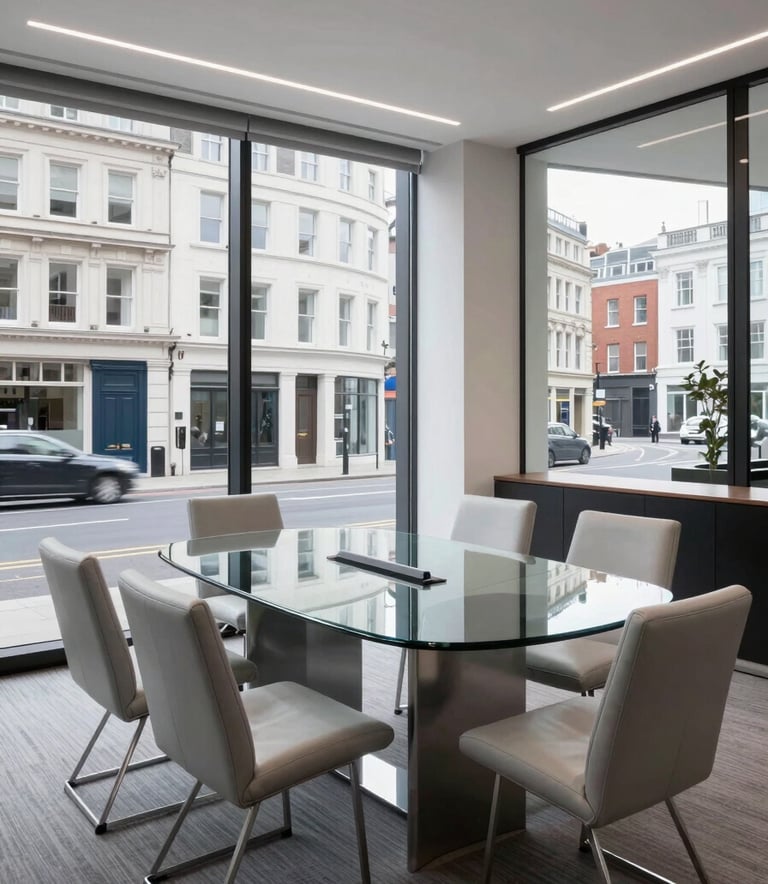 A sophisticated, high-end meeting room in a British office building, featuring a minimalist glass table, light gray leather chairs, and large windows overlooking a clean UK city street, professional and airy lighting.