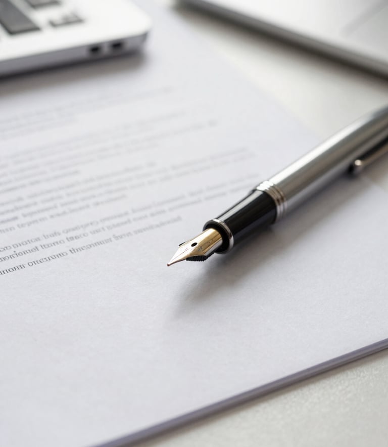 A sophisticated close-up of a fountain pen and professional business documents on a light grey desk in a bright Cardiff office. The lighting is soft and natural, conveying a sense of transparency and meticulous financial planning. British professional context.