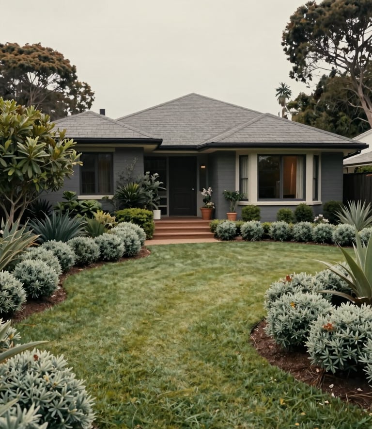 A wide-angle professional photograph of a beautifully maintained Melbourne garden and home exterior. The lawn is perfectly edged, and the shrubs are neatly trimmed in muted sage tones. The sky is a soft off-white, and the lighting is even and welcoming.