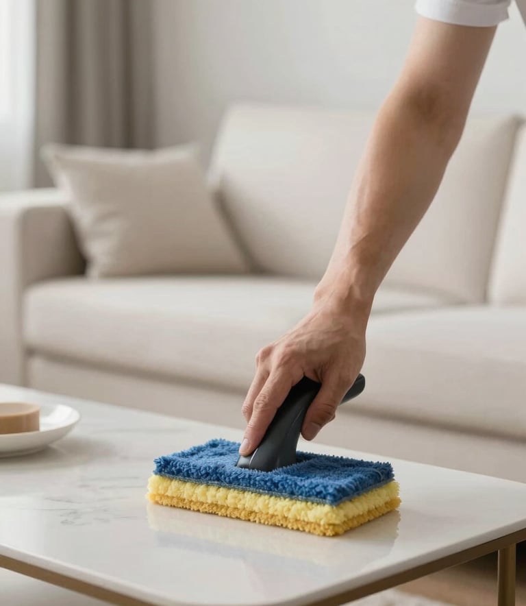 A close-up of a bright and airy living room interior, showing a spotless coffee table and mist white sofa, suggesting high-quality residential cleaning services.
