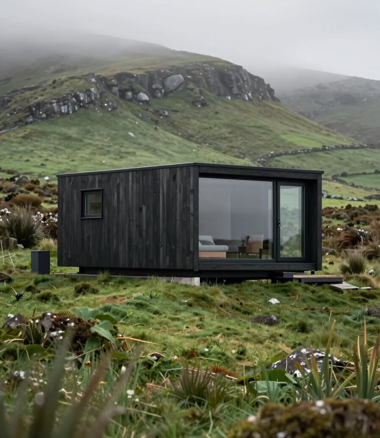 Exterior shot of a sleek, contemporary modular cabin made of dark timber and glass, nestled in the rolling green hills of Ireland, morning mist, professional architectural photography.