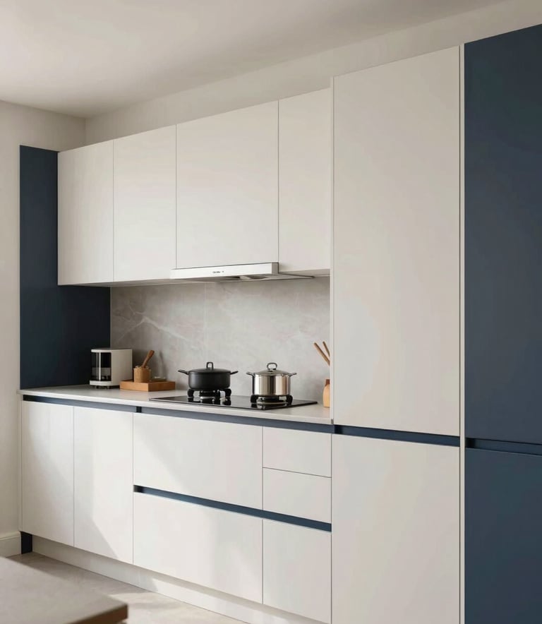 Interior shot of a modern modular kitchen featuring clean lines, off-white cabinetry, and dark blue accents, bright and airy, professional real estate photography in a Northern European / Irish setting.