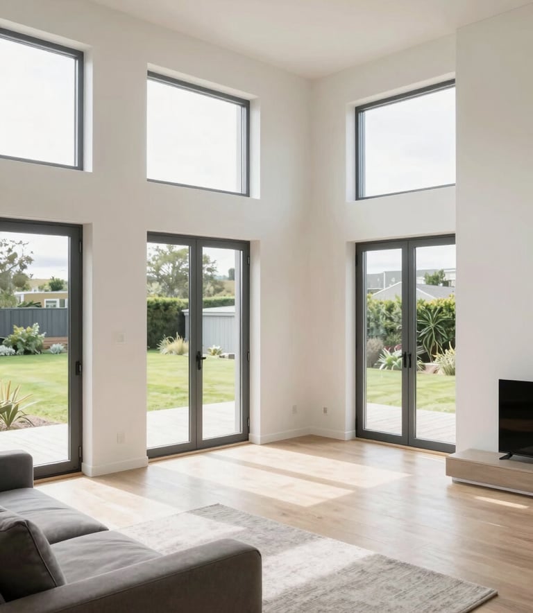 A bright and airy interior of a modern modular home living room in Ireland, featuring off-white walls, large windows, and clean lines, with a professional and clean aesthetic.