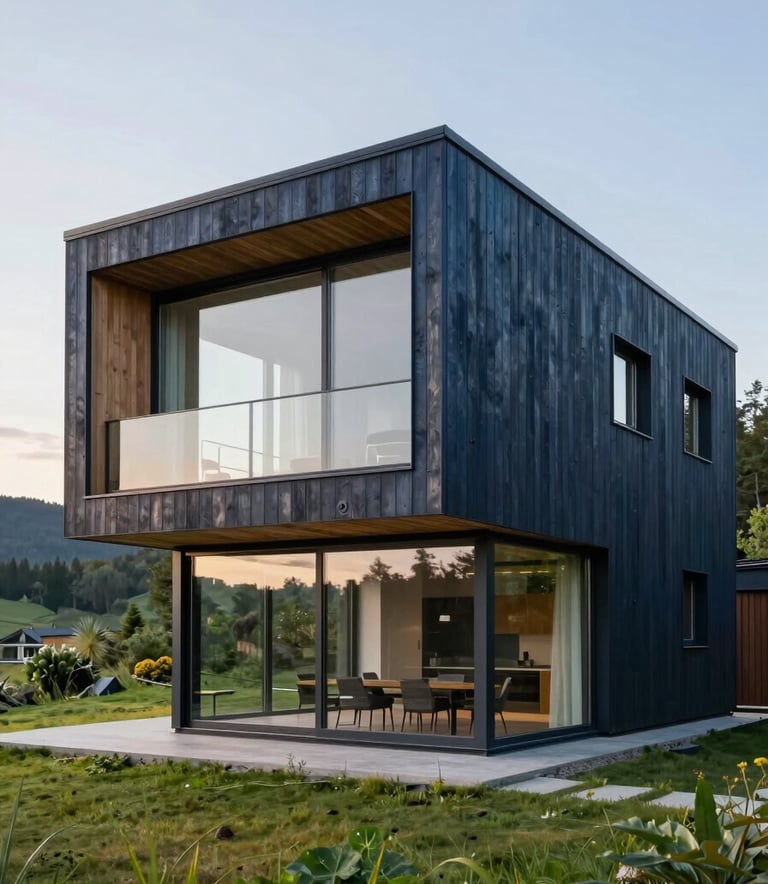 Modern modular house with dark steel blue wood cladding and floor-to-ceiling glass windows, set against a lush green Northern European landscape, soft morning light, high-end architectural photography style.
