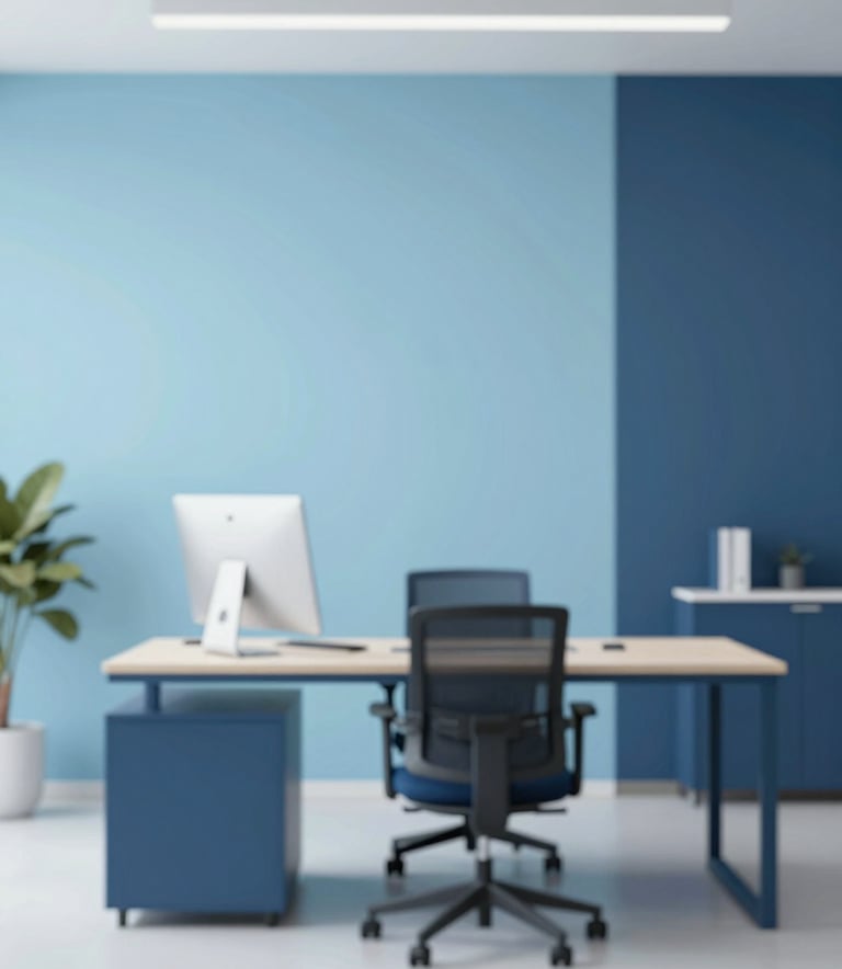 A professional and clean office setting with minimalist furniture. The lighting is bright and natural. The color palette includes soft blues like #A0C2D9 and deep blues like #1E3A4D in the decor, emphasizing a direct and organized workspace.