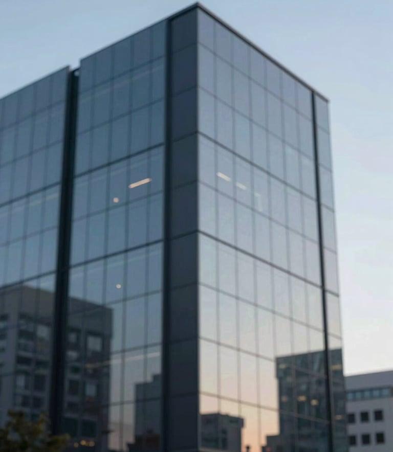 A modern office building exterior with clean glass lines reflecting a blue sky. Minimalist architectural style incorporating colors #1E3A4D and #4E7B99.