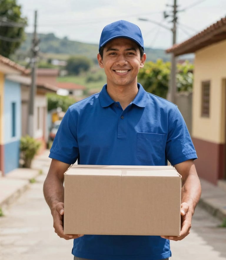 Professional delivery courier in a clean uniform standing in a vibrant South American neighborhood, holding a cardboard box, bright natural lighting, professional and approachable aesthetic.
