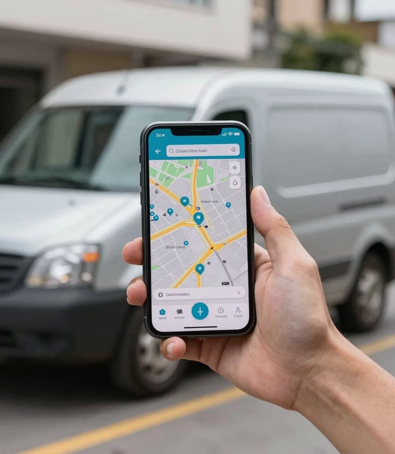 High-quality close-up of a professional delivery hand holding a modern smartphone showing a tracking map, soft-focus background of a silver delivery vehicle in a clean South American urban street, bright daylight.