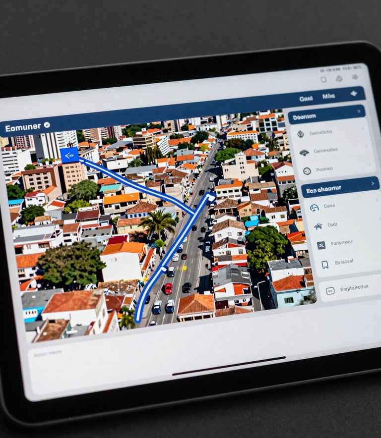 Photography of a high-tech tracking dashboard on a tablet screen, showing a delivery route through a vibrant Latin American city. Sharp focus, clean composition, palette of blue, white, and dark grey.