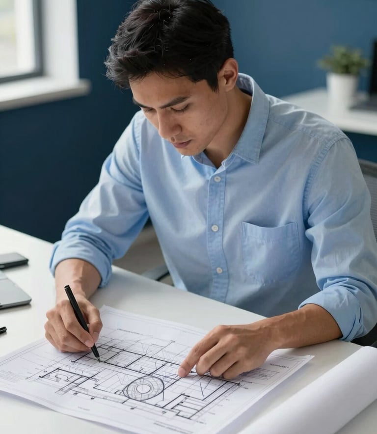 A South American professional in a sky blue shirt reviewing technical HVAC blueprints on a clean white desk. Medium shot, navy blue accents in the background, professional atmosphere with soft daylight.