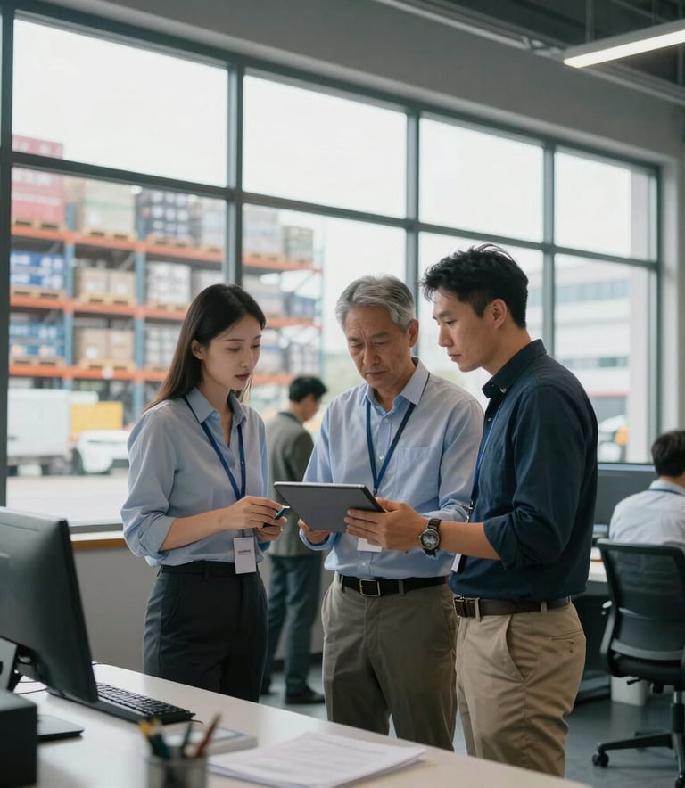 A group of professional logistics managers in business casual attire looking at a digital tablet in a clean, high-tech control room with large windows overlooking a busy warehouse floor. International Business setting.
