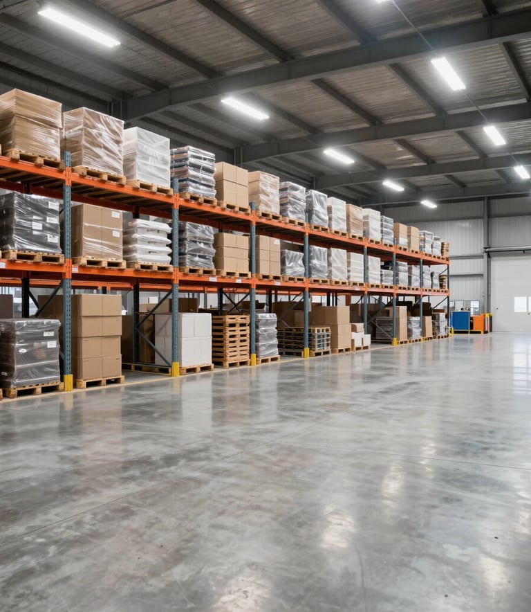A wide angle shot of a clean, modern warehouse with organized pallet racking systems and polished concrete floors, International Business style, featuring bright and even lighting.