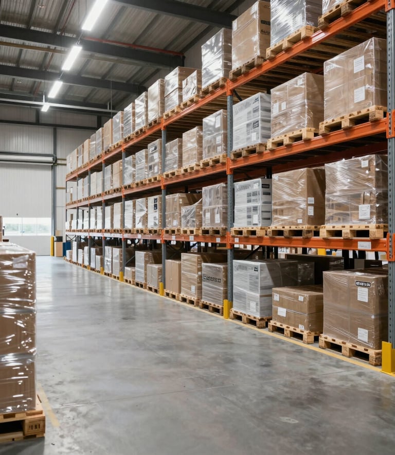 A wide shot of a modern, well-lit distribution warehouse with organized pallet racking systems and clean floors. The lighting is bright and professional, emphasizing a clean and efficient workspace. International Business setting.