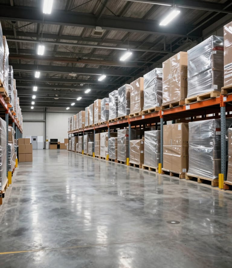 A wide-angle, premium photograph of a vast, brightly lit North American logistics warehouse with polished concrete floors reflecting the overhead LED lights. The space is organized and perfectly clean, showcasing a high-standard industrial environment.