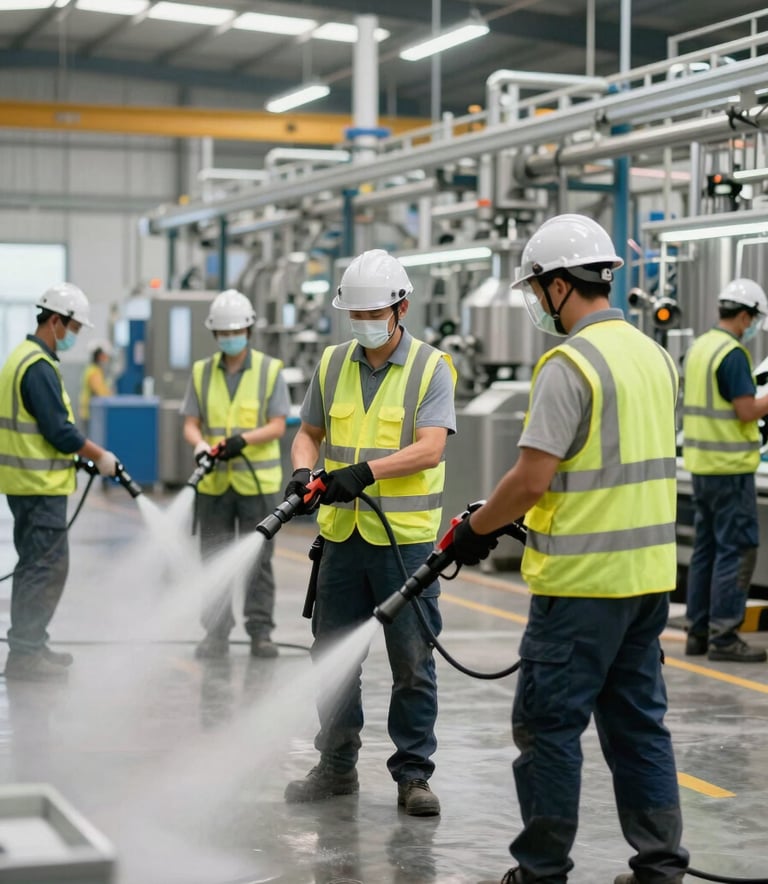 Professional cleaning crew wearing safety vests and protective gear performing high-pressure sanitization in a large North American manufacturing plant, bright and professional atmosphere.