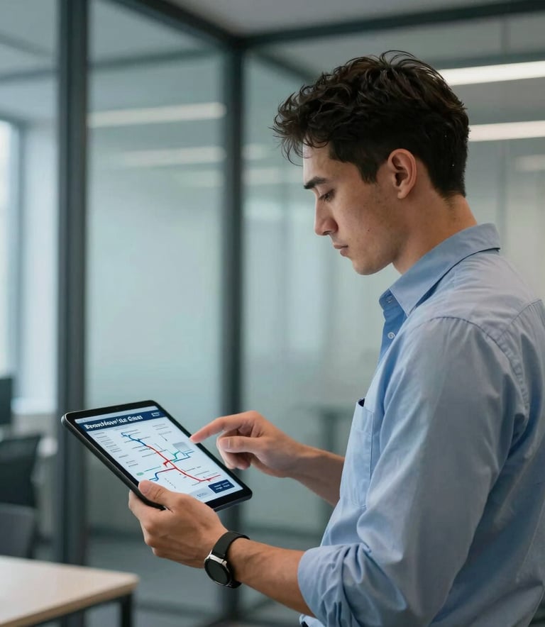 A professional logistics coordinator in a modern office with glass walls, looking at a tablet showing shipping routes, steel blue and light blue background, professional attire. Central European / Swiss German.