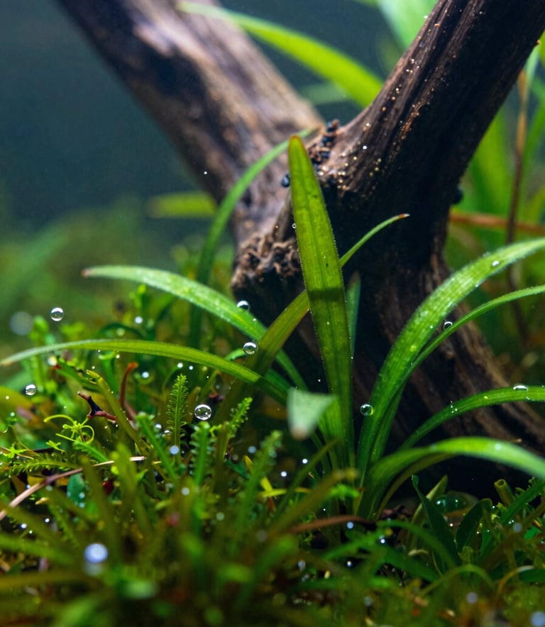Close-up macro photography of a serene freshwater aquarium featuring lush green aquatic moss and driftwood. Tiny bubbles of oxygen cling to the plants. The color palette emphasizes #3A6C66 and #94B5A5 tones, creating a tranquil, high-end botanical atmosphere.