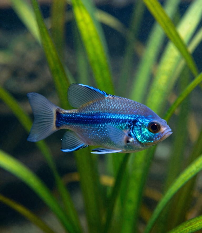 Close-up of a colorful tropical fish swimming through a dense forest of aquatic plants. The lighting is ethereal, highlighting shades of #3A6C66 and #94B5A5 in the plants and scales, capturing a thriving aquatic ecosystem.